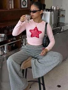 SHEIN Girlism 青少年女孩粉色星星印花長袖上衣與長褲套裝，返校秋季穿搭 - 粉色 - 查看 4
