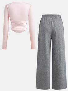SHEIN Girlism 青少年女孩粉色星星印花長袖上衣與長褲套裝，返校秋季穿搭 - 粉色 - 查看 2