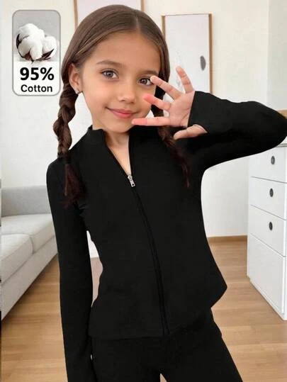 SHEIN Jaqueta de Manga Longa com Zíper e Gola Alta de Cor Sólida para Meninas Jovens, Primavera/Outono, Cardigan Top de Manga Curta com Flare, Estilo Casual Minimalista e Versátil, Adequado para Uso Diário na Escola, Esportes ao Ar Livre, Compras, Viagens, Passeios de Férias, Reuniões Casuais e Mais