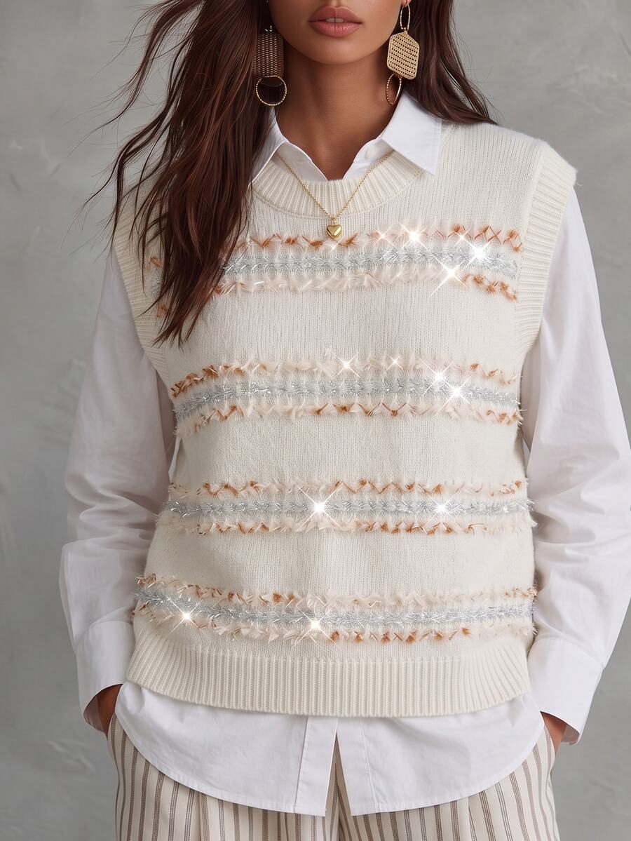 GlowEve CURVE Women Plus Size Cream White Round Neck Knit Vest, Wave Striped Shiny Yarn Fringe Sleeveless Loose Soft Fuzzy Tank Top For Fall Spring - White - View 1