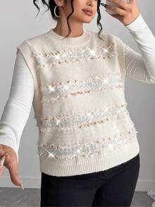 GlowEve CURVE Women Plus Size Cream White Round Neck Knit Vest, Wave Striped Shiny Yarn Fringe Sleeveless Loose Soft Fuzzy Tank Top For Fall Spring - White - View 1
