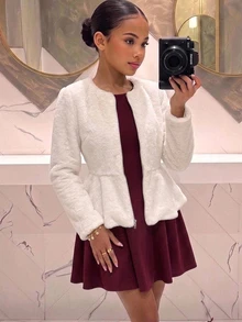 SHEIN 兒童青少年女孩冬季優雅純白色抓絨加厚腰部荷葉邊下擺前開襟外套 - 白色 - 查看 1