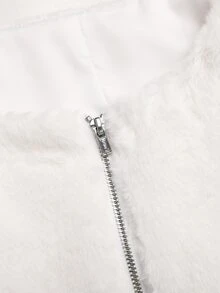 SHEIN 兒童青少年女孩冬季優雅純白色抓絨加厚腰部荷葉邊下擺前開襟外套 - 白色 - 查看 6