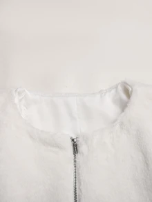 SHEIN 兒童青少年女孩冬季優雅純白色抓絨加厚腰部荷葉邊下擺前開襟外套 - 白色 - 查看 5