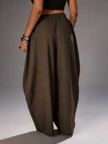 Rustia Plus Size Dark Style Grommet Decor Curved Leg Pants Fall - Brown - View 2