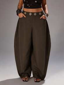 Rustia Plus Size Dark Style Grommet Decor Curved Leg Pants Fall - Brown - View 1