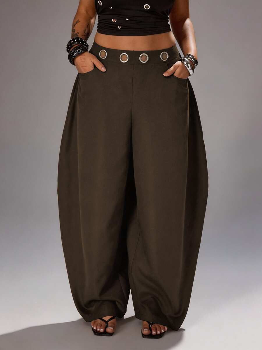 Rustia Plus Size Dark Style Grommet Decor Curved Leg Pants Fall - Brown - View 1