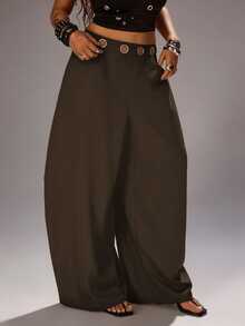 Rustia Plus Size Dark Style Grommet Decor Curved Leg Pants Fall - Brown - View 3
