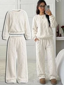 SHEIN Girlism Setelan Hoodie dan Celana Jogging Tebal Bertekstur 3D untuk Remaja Perempuan, Pakaian Musim Dingin dan Gugur - Putih - View 1