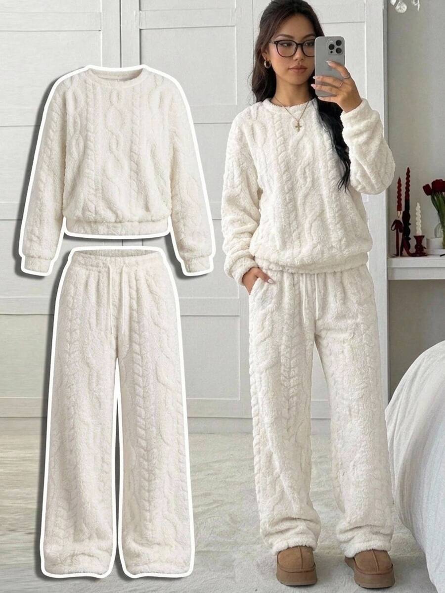 SHEIN Girlism Setelan Hoodie dan Celana Jogging Tebal Bertekstur 3D untuk Remaja Perempuan, Pakaian Musim Dingin dan Gugur - Putih - View 1