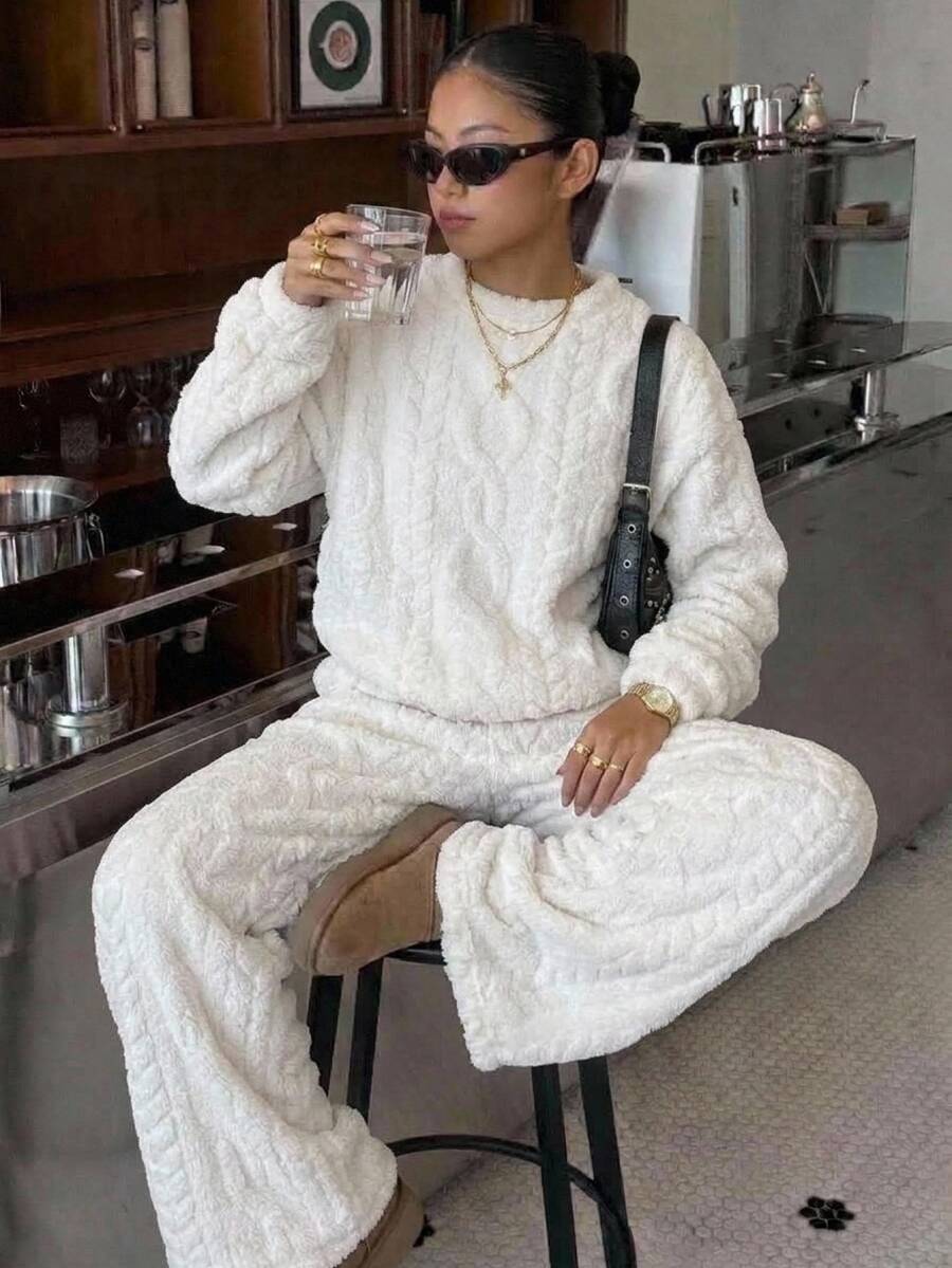 SHEIN Girlism Teen Girls 3D Textured Fleece Thickened Hoodie & Sweatpants Set, Winter Fall Outfits - White - View 1