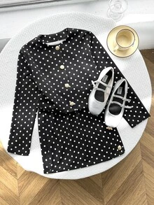 SHEIN طقم من قطعتين للبنات المراهقات، جاكيت بأكمام طويلة وتنورة قصيرة بطبعة نقاط بولكا، أنيق وعصري - الأسود - مشاهدة 7