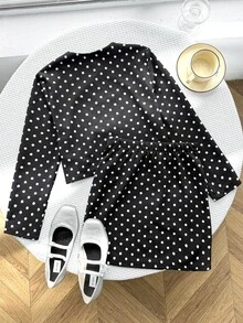 SHEIN طقم من قطعتين للبنات المراهقات، جاكيت بأكمام طويلة وتنورة قصيرة بطبعة نقاط بولكا، أنيق وعصري - الأسود - مشاهدة 5