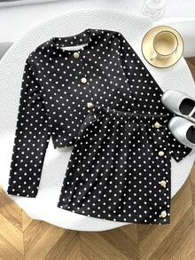 SHEIN طقم من قطعتين للبنات المراهقات، جاكيت بأكمام طويلة وتنورة قصيرة بطبعة نقاط بولكا، أنيق وعصري - الأسود - مشاهدة 4
