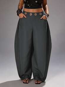Rustia Plus Size Dark Style Grommet Decor Curved Leg Pants Fall - Dark Grey - View 1