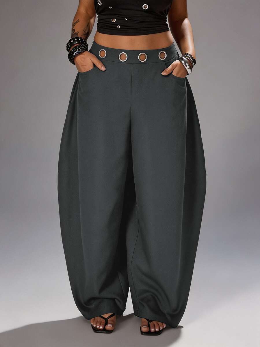 Rustia Plus Size Dark Style Grommet Decor Curved Leg Pants Fall - Dark Grey - View 1