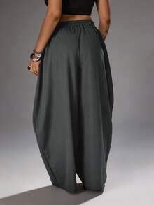 Rustia Plus Size Dark Style Grommet Decor Curved Leg Pants Fall - Dark Grey - View 2