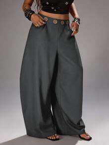 Rustia Plus Size Dark Style Grommet Decor Curved Leg Pants Fall - Dark Grey - View 3