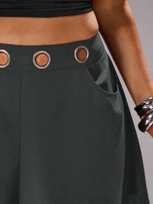 Rustia Plus Size Dark Style Grommet Decor Curved Leg Pants Fall - Dark Grey - View 4