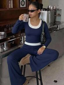 SHEIN 青少年女孩波點拼接長袖上衣與長褲套裝，返校秋季穿搭，秋季服飾，運動休閒修身款 - 藏蓝色 - 查看 3