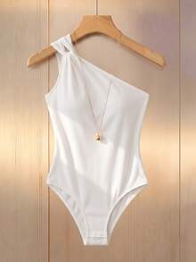 RosyDaze Elegant All-Match Sexy Commuter Versatile One-Shoulder Asymmetric Women's Bodysuit Night Out Everyday White Summer - Beige - View 5