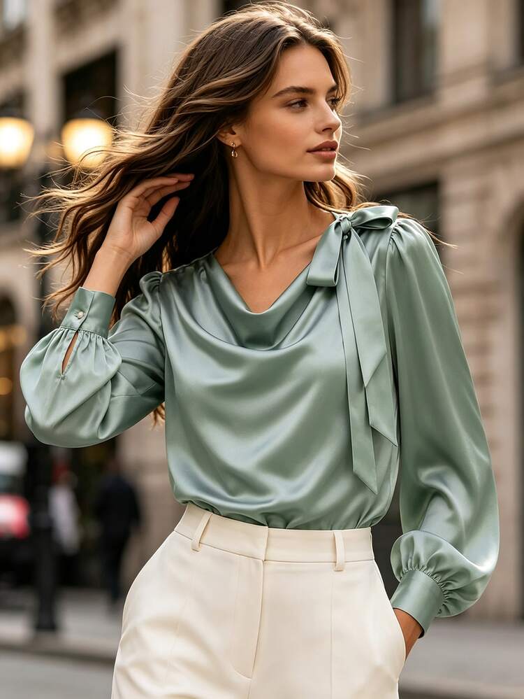Breezaya Blus Satin Elegan Wanita untuk Perjalanan Awal Musim Gugur dengan Kerah Cowl dan Pita di Bagian Depan, Warna Hijau Sage untuk Kantor - Hijau - View 5