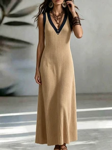 Trelyra Wanita Elegan Boho Warna Solid Disikat Kain Berusuk Gaun Serbaguna, Cocok Untuk Pakaian Sehari-hari, Pakaian Musim Panas, Perjalanan, Mode Liburan Pantai, Hitam - Khaki - View 1