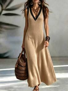 Trelyra Wanita Elegan Boho Warna Solid Disikat Kain Berusuk Gaun Serbaguna, Cocok Untuk Pakaian Sehari-hari, Pakaian Musim Panas, Perjalanan, Mode Liburan Pantai, Hitam - Khaki - View 5