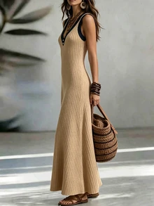 Trelyra Wanita Elegan Boho Warna Solid Disikat Kain Berusuk Gaun Serbaguna, Cocok Untuk Pakaian Sehari-hari, Pakaian Musim Panas, Perjalanan, Mode Liburan Pantai, Hitam - Khaki - View 4