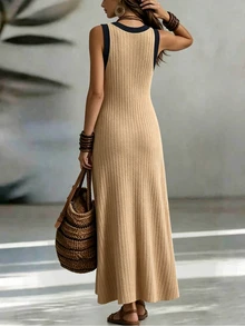 Trelyra Wanita Elegan Boho Warna Solid Disikat Kain Berusuk Gaun Serbaguna, Cocok Untuk Pakaian Sehari-hari, Pakaian Musim Panas, Perjalanan, Mode Liburan Pantai, Hitam - Khaki - View 2
