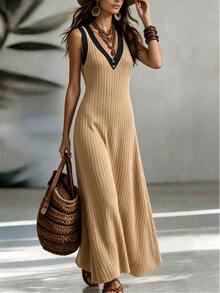 Trelyra Wanita Elegan Boho Warna Solid Disikat Kain Berusuk Gaun Serbaguna, Cocok Untuk Pakaian Sehari-hari, Pakaian Musim Panas, Perjalanan, Mode Liburan Pantai, Hitam - Khaki - View 8