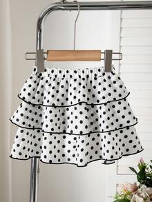 SHEIN 女童小女孩波點百褶休閒百搭日常裙 - 白色 - 查看 6