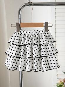 SHEIN 女童小女孩波點百褶休閒百搭日常裙 - 白色 - 查看 5