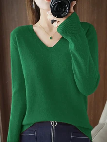 EMERY ROSE Women's Solid Color V-Neck Long Sleeve Casual Knit Sweater, Autumn/Winter Knit Pullover Fall Sweater - Green - View 7