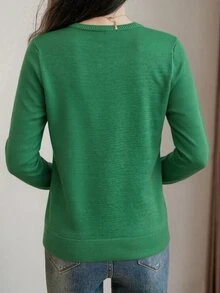 EMERY ROSE Women's Solid Color V-Neck Long Sleeve Casual Knit Sweater, Autumn/Winter Knit Pullover Fall Sweater - Green - View 2