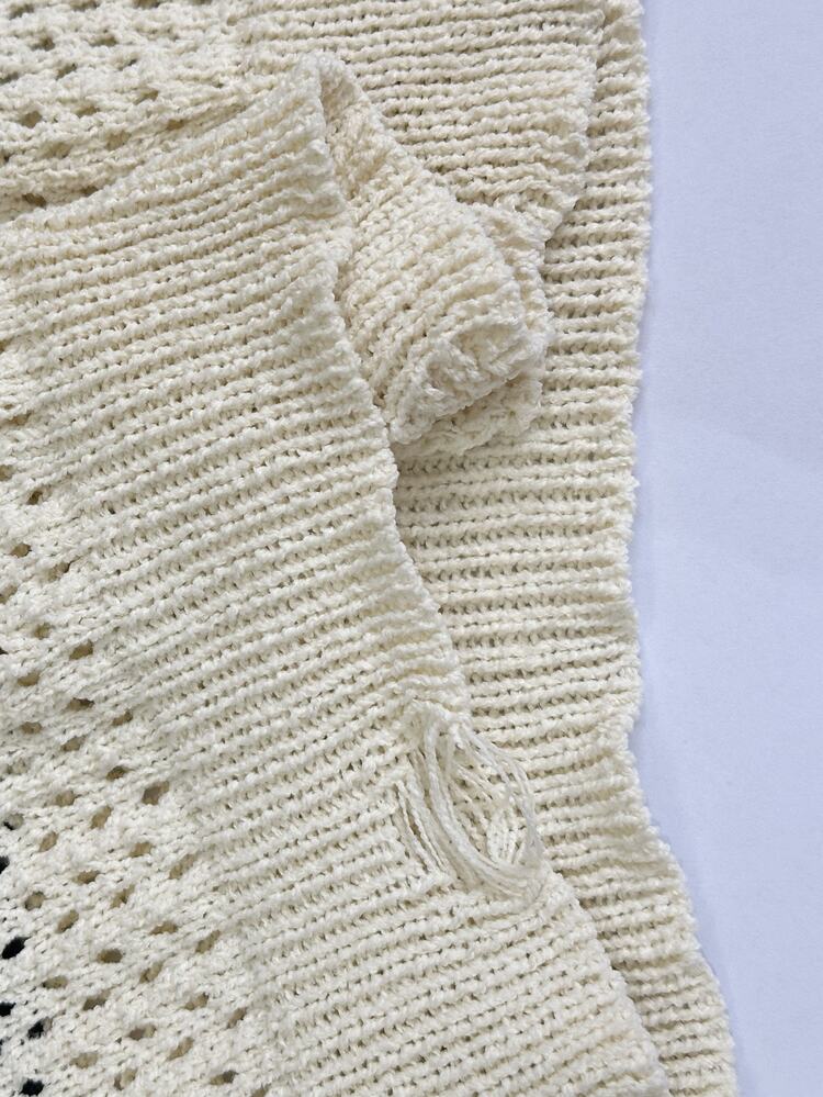Linhara CURVE Women Fall Casual Cold Shoulder Cardigan, Black White Striped V-Neck Openwork Knit Pearl Button Front Long Sleeve Short Sweater - Black and White - View 7