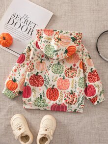 SHEIN Baby Girl Casual Cute Leaf Pattern Green Hooded Long Sleeve Sweatshirt Autumn Winter Clothes For Girl - Apricot - View 3