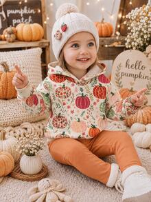 SHEIN Baby Girl Casual Cute Leaf Pattern Green Hooded Long Sleeve Sweatshirt Autumn Winter Clothes For Girl - Apricot - View 1