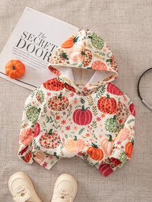 SHEIN Baby Girl Casual Cute Leaf Pattern Green Hooded Long Sleeve Sweatshirt Autumn Winter Clothes For Girl - Apricot - View 2
