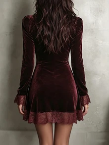 SHEIN Gaun Pendek Renda Patchwork Beludru - Burgundy - View 2