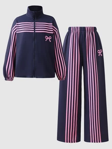 青少年女孩童裝運動衫夾克套裝 2 件組：立領拉鍊對比條紋夾克搭配寬鬆彈性腰寬腿休閒喇叭運動長褲，舒適秋季日常穿著 - 藏蓝色 - 查看 4