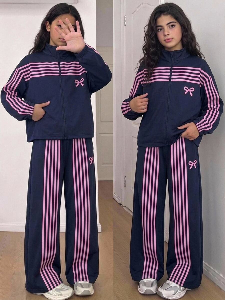 青少年女孩童裝運動衫夾克套裝 2 件組:立領拉鍊對比條紋夾克搭配寬鬆彈性腰寬腿休閒喇叭運動長褲,舒適秋季日常穿著 - 藏蓝色 - 查看 1