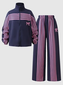 青少年女孩童裝運動衫夾克套裝 2 件組：立領拉鍊對比條紋夾克搭配寬鬆彈性腰寬腿休閒喇叭運動長褲，舒適秋季日常穿著 - 藏蓝色 - 查看 3