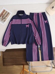 青少年女孩童裝運動衫夾克套裝 2 件組：立領拉鍊對比條紋夾克搭配寬鬆彈性腰寬腿休閒喇叭運動長褲，舒適秋季日常穿著 - 藏蓝色 - 查看 8