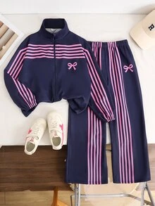 青少年女孩童裝運動衫夾克套裝 2 件組：立領拉鍊對比條紋夾克搭配寬鬆彈性腰寬腿休閒喇叭運動長褲，舒適秋季日常穿著 - 藏蓝色 - 查看 2