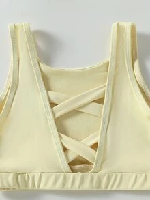 SHEIN Young Girls Yellow Textured Workout Set With Double Criss Cross Strap Back Sports Bra And 2 In 1 Running Shorts High Waist Activewear 2pc Outfit - Yellow - View 7