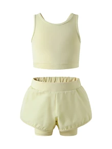 SHEIN Young Girls Yellow Textured Workout Set With Double Criss Cross Strap Back Sports Bra And 2 In 1 Running Shorts High Waist Activewear 2pc Outfit - Yellow - View 3