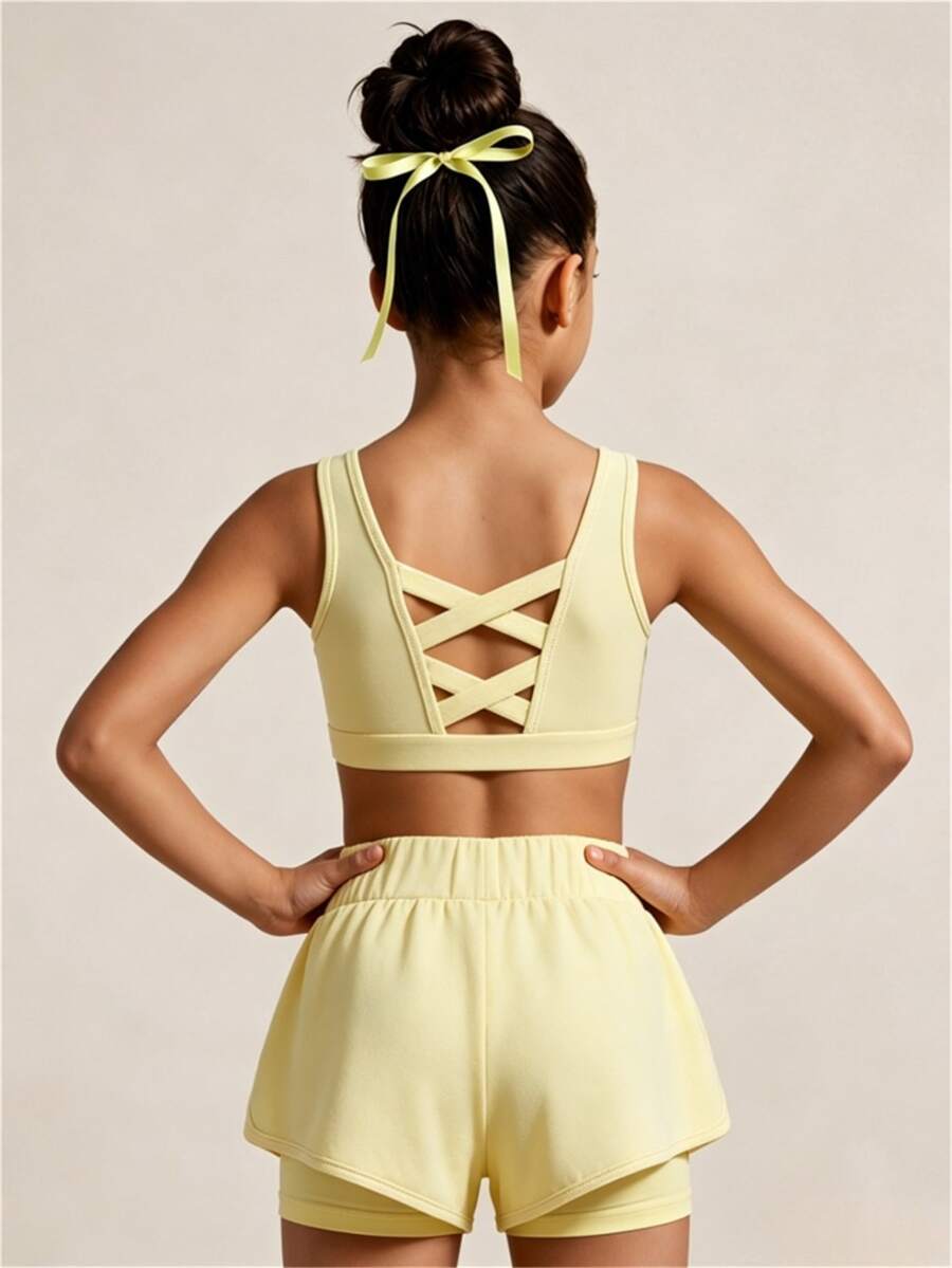 SHEIN Young Girls Yellow Textured Workout Set With Double Criss Cross Strap Back Sports Bra And 2 In 1 Running Shorts High Waist Activewear 2pc Outfit - Yellow - View 1