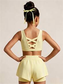 SHEIN Young Girls Yellow Textured Workout Set With Double Criss Cross Strap Back Sports Bra And 2 In 1 Running Shorts High Waist Activewear 2pc Outfit - Yellow - View 4