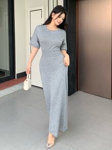 Modelyn Women's Solid Color Round Neck Casual Daily Knit Dress - Grey - View 8